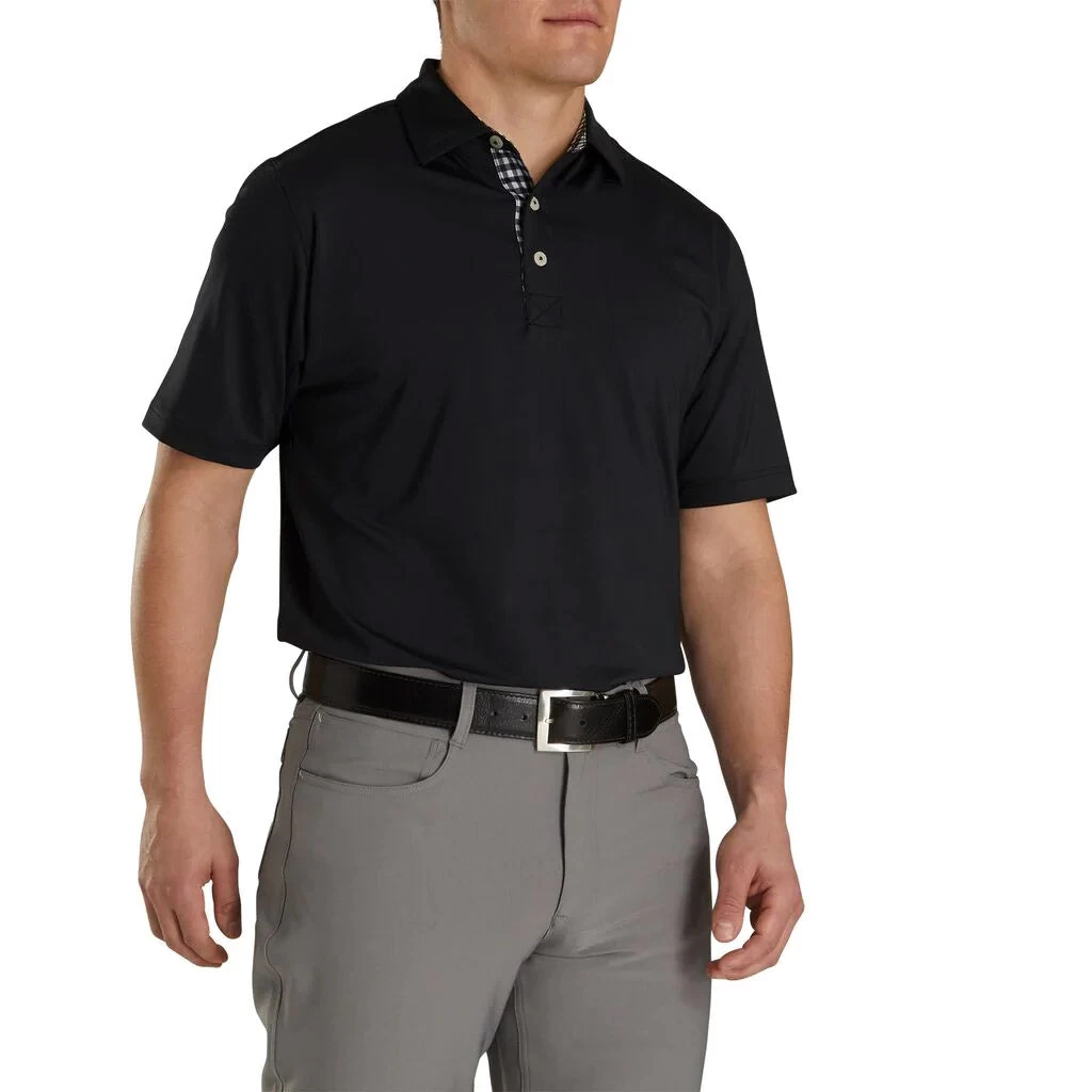 FootJoy Athletic Fit Lisle Solid Gingham Trim Self Collar Black Mens Golf Polo 1 FootJoy Athletic Fit Lisle Solid Gingham Trim Self Collar Black Mens Golf Polo