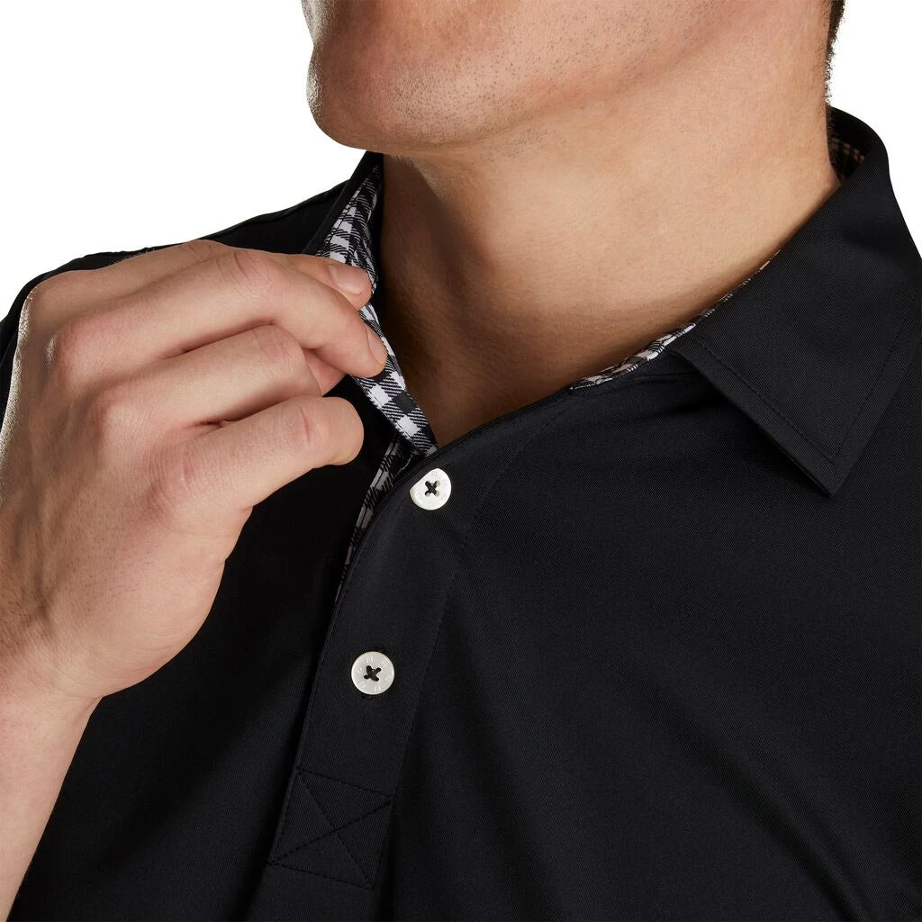 FootJoy Athletic Fit Lisle Solid Gingham Trim Self Collar Black Mens Golf Polo 3 FootJoy Athletic Fit Lisle Solid Gingham Trim Self Collar Black Mens Golf Polo - Image 3