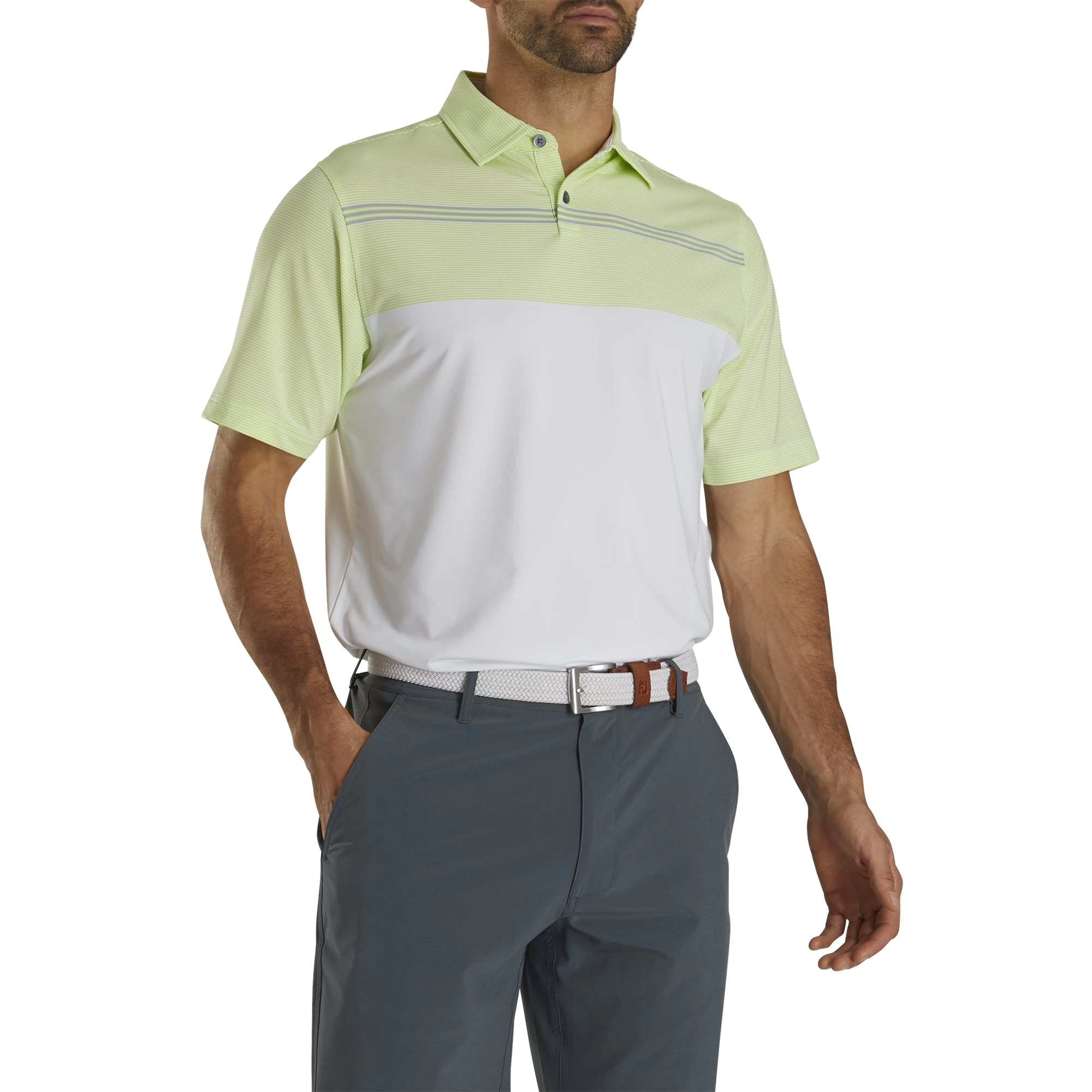 FootJoy Lisle Engineered Pinstripe White-Lime Mens Golf Polo 1 FootJoy Lisle Engineered Pinstripe White-Lime Mens Golf Polo