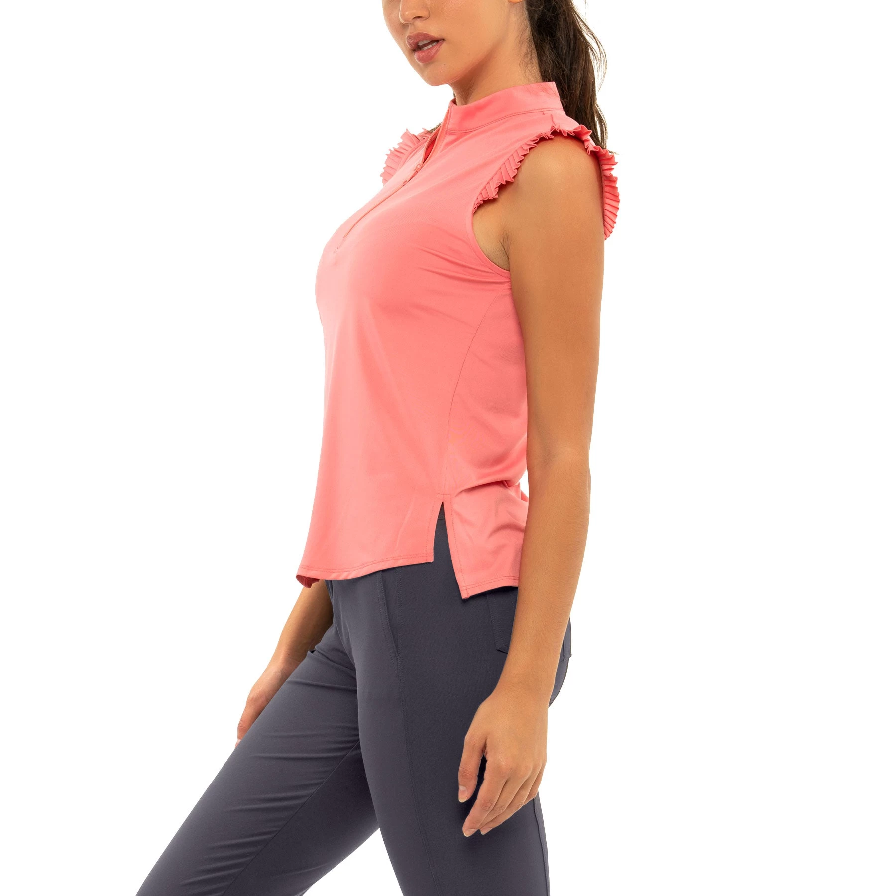 Lucky In Love Pleat Me Up Zip Melon Womens Sleeveless Golf Polo 2 Lucky In Love Pleat Me Up Zip Melon Womens Sleeveless Golf Polo - Image 2