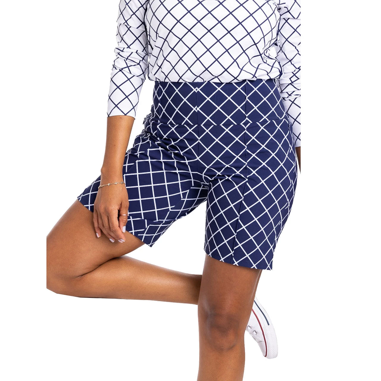 Kinona Tailored N Trim Printed Lattice Navy 8in Women Golf Shorts 1 Kinona Tailored N Trim Printed Lattice Navy 8in Women Golf Shorts